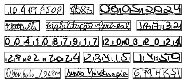 Linhas manuscritas reais do conjunto: datas, códigos, valores, identificadores e termos médicos escritos à mão em guias