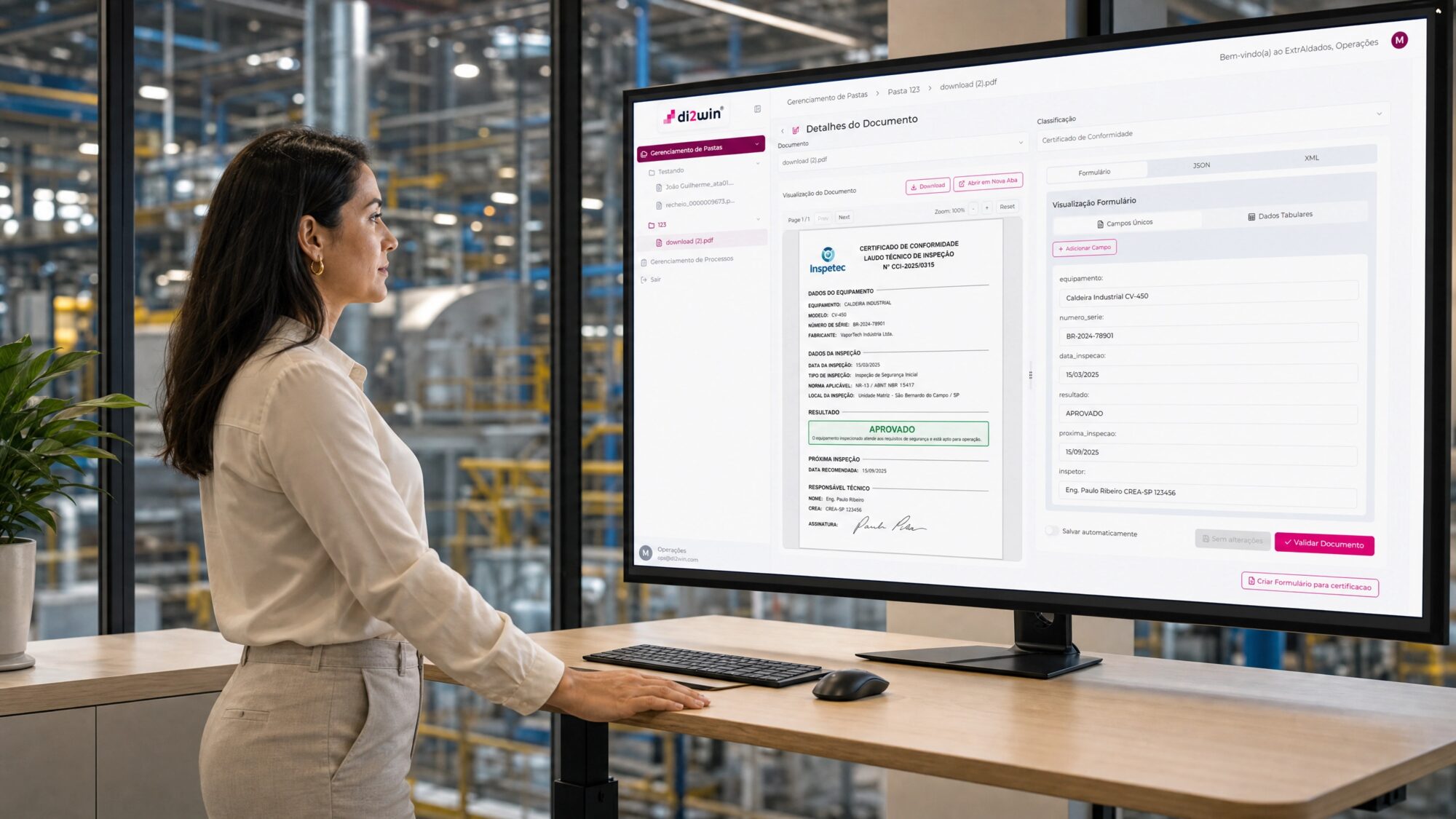 Tela da plataforma Di2win exibindo um certificado de conformidade classificado ao lado do formulário estruturado com os campos extraídos
