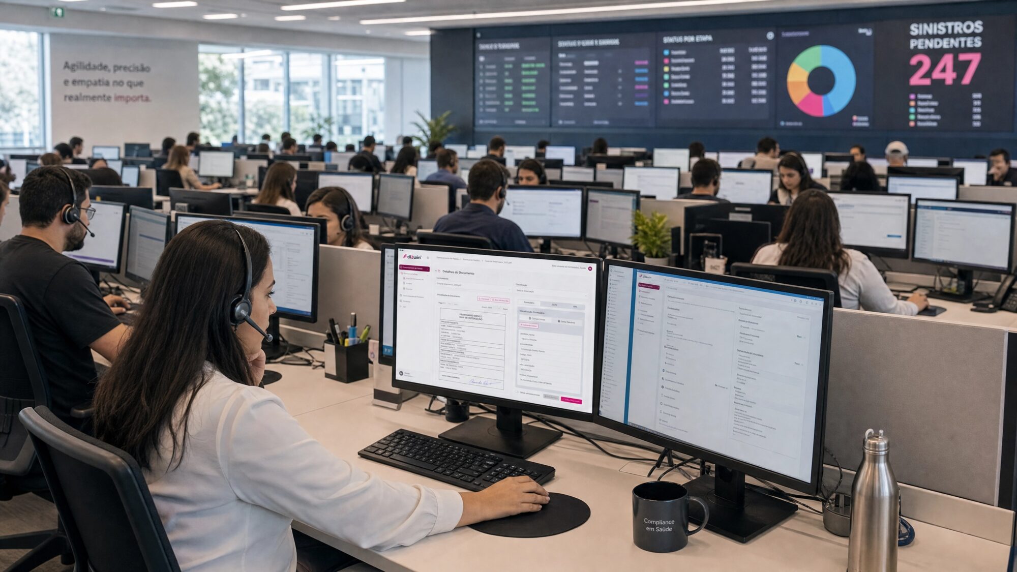 Central de operações de sinistros com analistas na plataforma Di2win e painel de status com o total de sinistros pendentes